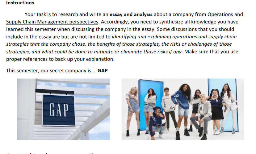 Instructions Your Task Is To Research And Write An Essay And Analysis About A Company From Operations And Supply Chain M 1