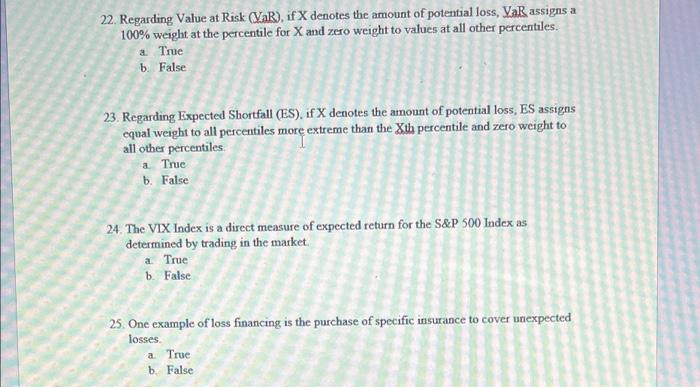 22 Regarding Value At Risk Var If X Denotes The Amount Of Potential Loss Var Assigns A 100 Weight At The Percentil 1
