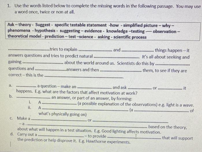1 Use The Words Listed Below To Complete The Missing Words In The Following Passage You May Use A Word Once Twice Or 1