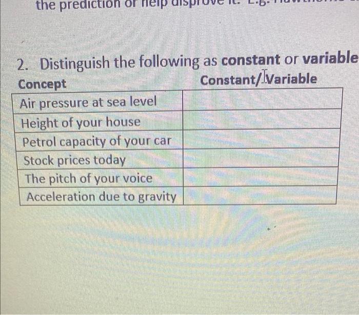 The Prediction Or Help 2 Distinguish The Following As Constant Or Variable Concept Constant Ivariable Air Pressure At S 1