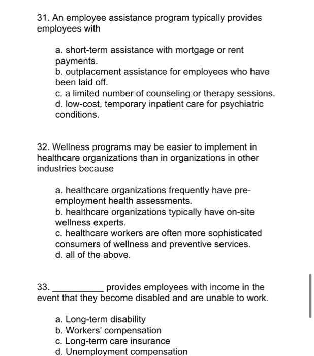 31 An Employee Assistance Program Typically Provides Employees With A Short Term Assistance With Mortgage Or Rent Paym 1