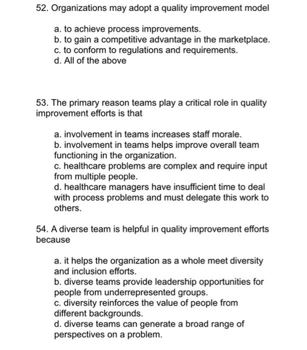 52 Organizations May Adopt A Quality Improvement Model A To Achieve Process Improvements B To Gain A Competitive Adv 1