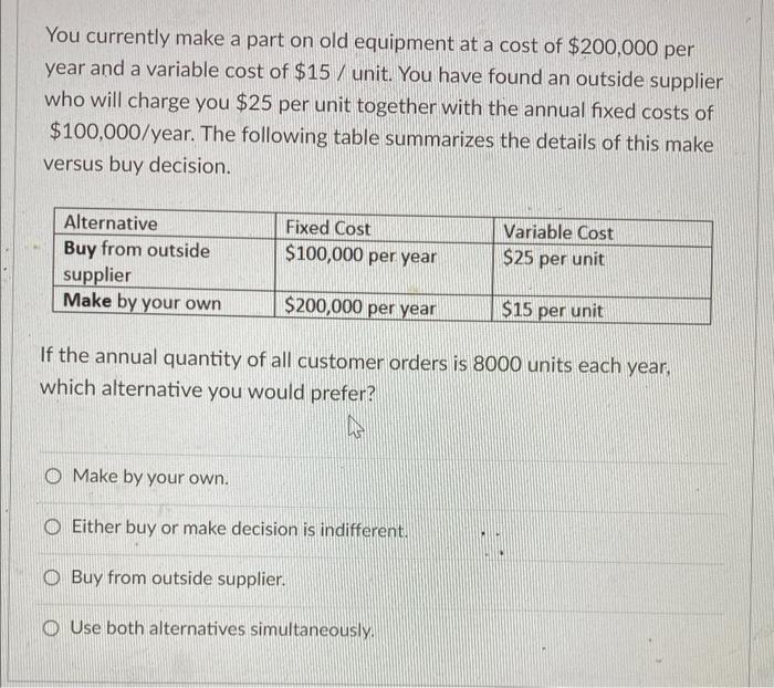 You Currently Make A Part On Old Equipment At A Cost Of 200 000 Per Year And A Variable Cost Of 15 Unit You Have Fo 1