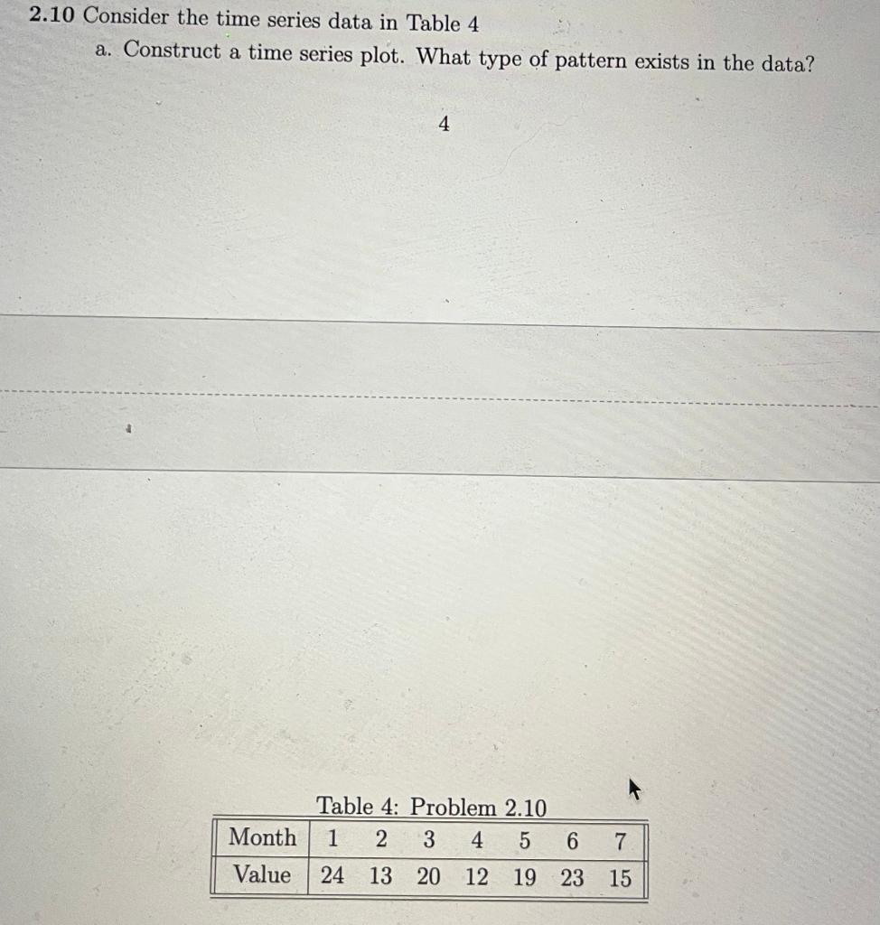 2 10 Consider The Time Series Data In Table 4 A Construct A Time Series Plot What Type Of Pattern Exists In The Data 1