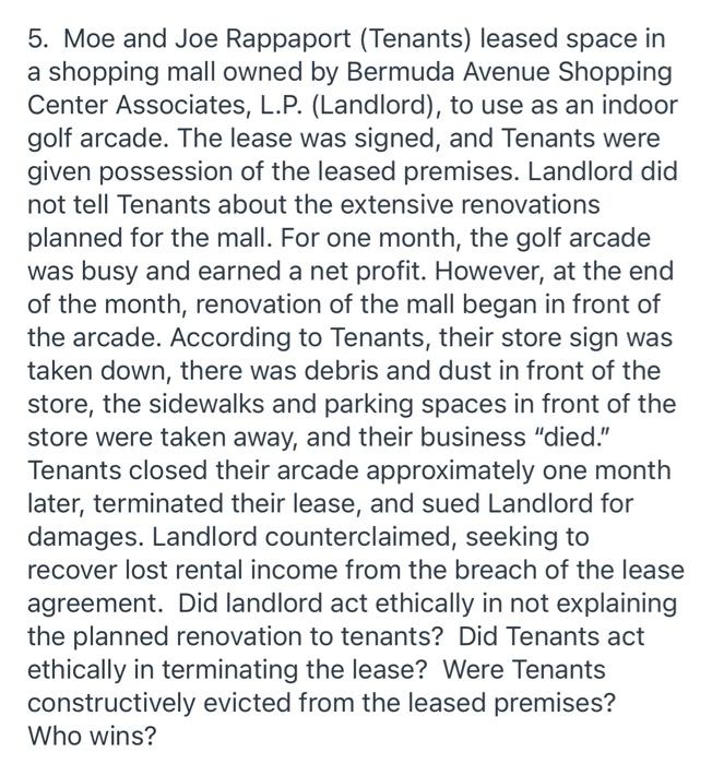 5 Moe And Joe Rappaport Tenants Leased Space In A Shopping Mall Owned By Bermuda Avenue Shopping Center Associates L 1