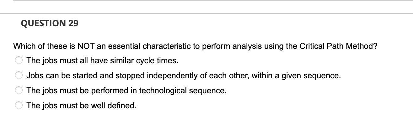 Question 29 Which Of These Is Not An Essential Characteristic To Perform Analysis Using The Critical Path Method The Jo 1