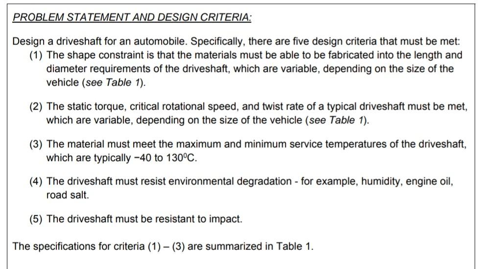 Problem Statement And Design Criteria Design A Driveshaft For An Automobile Specifically There Are Five Design Criter 1