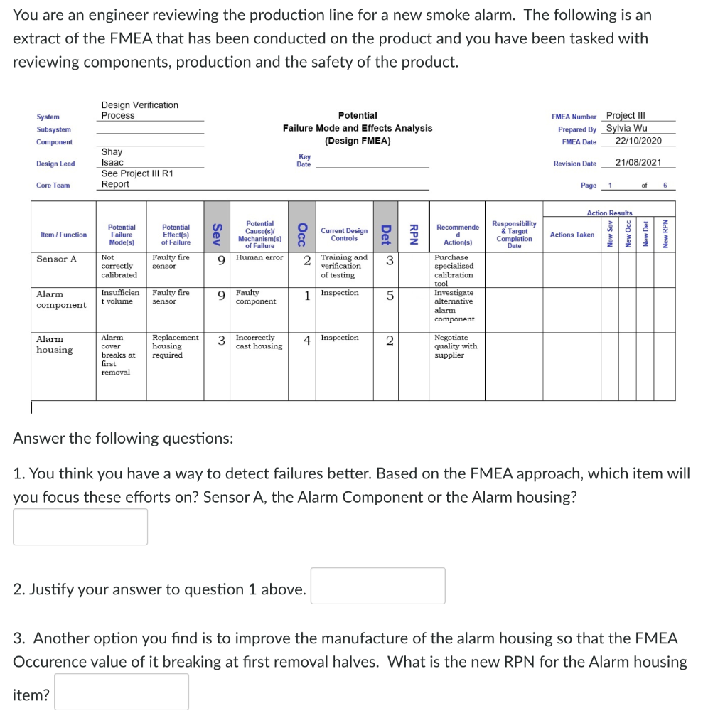 You Are An Engineer Reviewing The Production Line For A New Smoke Alarm The Following Is An Extract Of The Fmea That Ha 1