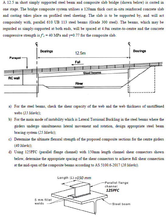 A 12 5 M Short Simply Supported Steel Beam And Composite Slab Bridge Shown Below Is Casted In One Stage The Bridge Co 1