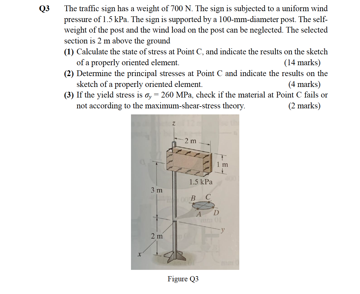 Q3 The Traffic Sign Has A Weight Of 700 N The Sign Is Subjected To A Uniform Wind Pressure Of 1 5 Kpa The Sign Is Supp 1