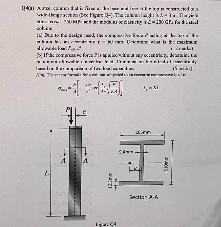 M Q4 A A Steel Column That Is Fixed At The Base And Free At The Top Is Constructed Of A Wide Flange Section See Figur 1