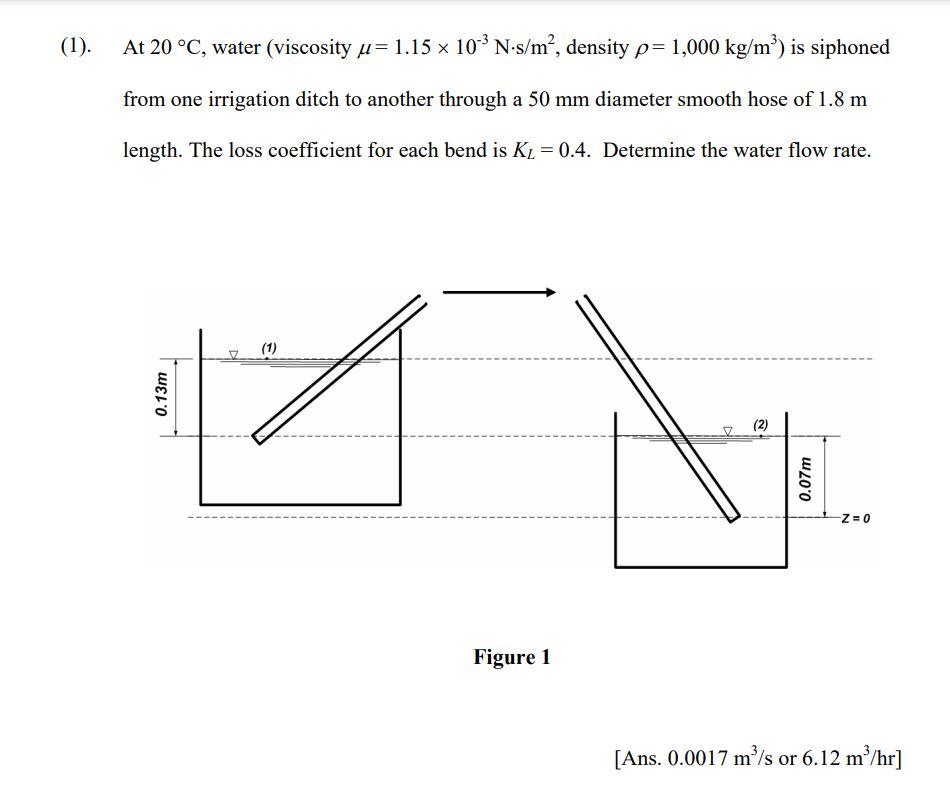 1 At 20 C Water Viscosity U 1 15 X 10 N S M Density P 1 000 Kg M Is Siphoned From One Irrigation Ditch To An 1