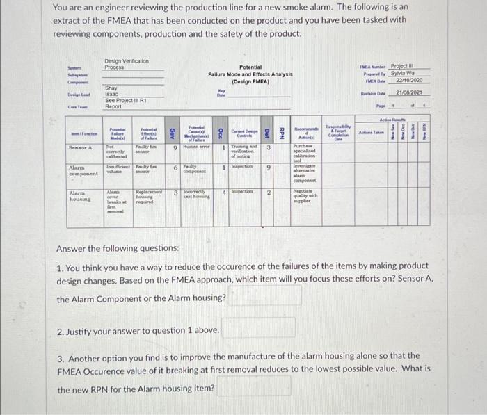 You Are An Engineer Reviewing The Production Line For A New Smoke Alarm The Following Is An Extract Of The Fmea That Ha 1