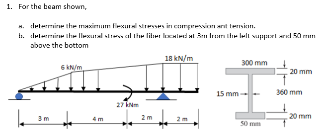 1 For The Beam Shown A Determine The Maximum Flexural Stresses In Compression Ant Tension B Determine The Flexural 1