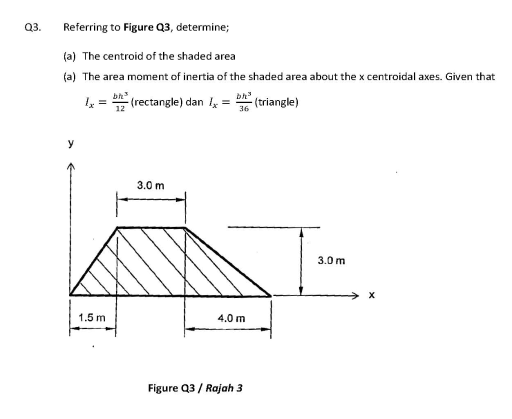Q3 Referring To Figure Q3 Determine A The Centroid Of The Shaded Area A The Area Moment Of Inertia Of The Shaded 1