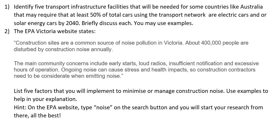 1 Identify Five Transport Infrastructure Facilities That Will Be Needed For Some Countries Like Australia That May Requ 1