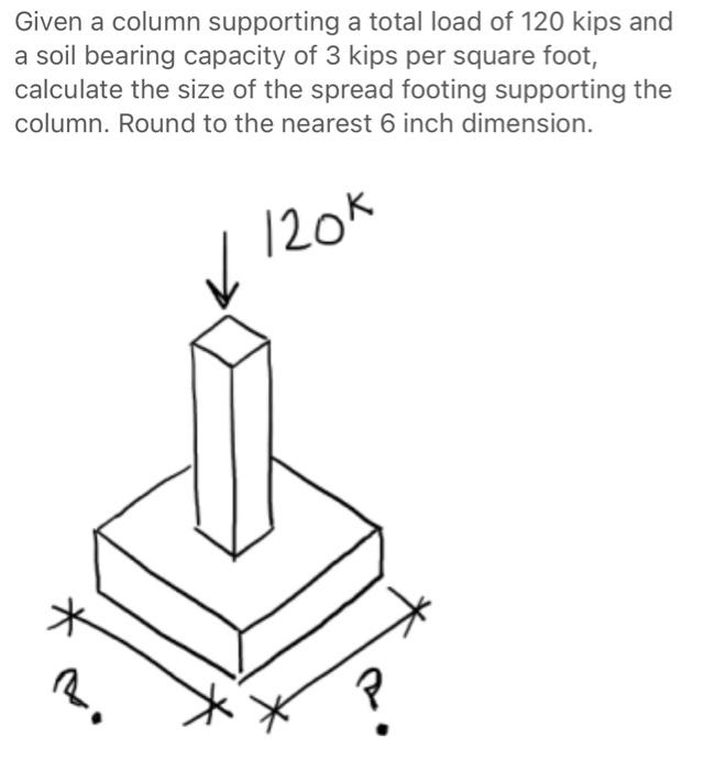 Given A Column Supporting A Total Load Of 120 Kips And A Soil Bearing Capacity Of 3 Kips Per Square Foot Calculate The 1