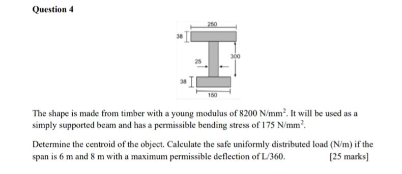 Question 4 250 38 300 25 160 The Shape Is Made From Timber With A Young Modulus Of 8200 N Mm It Will Be Used As A Simp 1