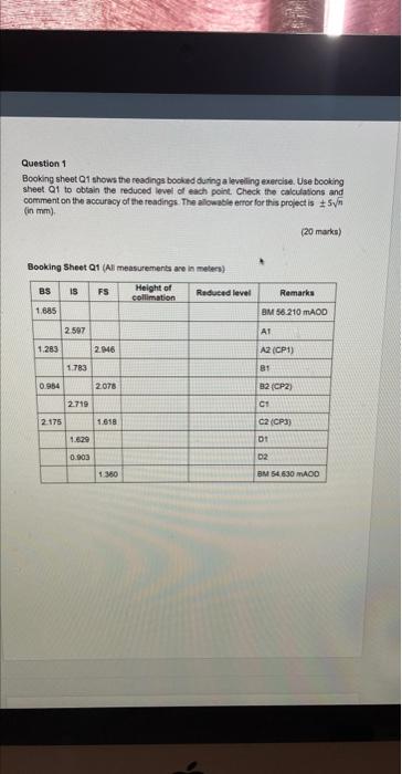 Question 1 Booking Sheet 1 Shows The Readings Booked During A Leveling Exercise Use Booking Sheet Q1 To Obtain The Redu 1