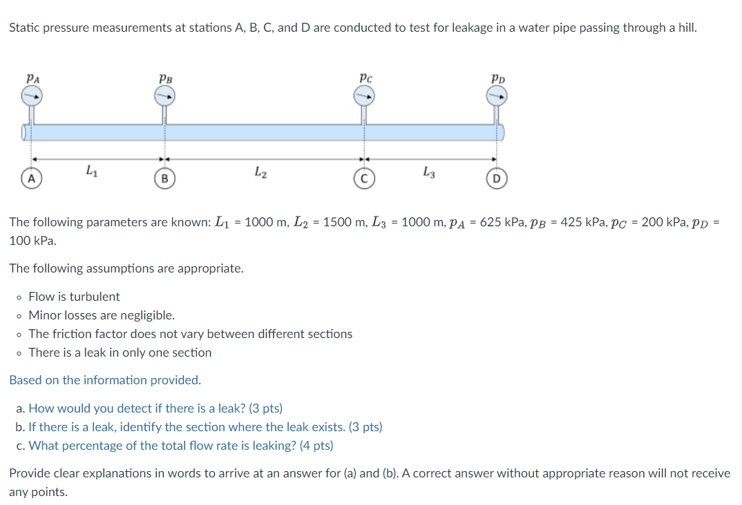 Static Pressure Measurements At Stations A B C And D Are Conducted To Test For Leakage In A Water Pipe Passing Throug 1