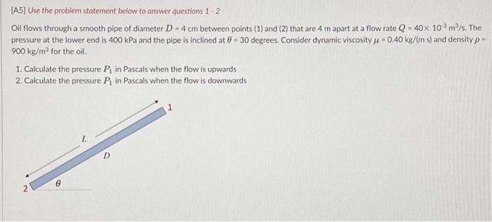 A5 Use The Problem Statement Below To Answer Questions 1 2 Oil Flows Through A Smooth Pipe Of Diameter D 4 Cm Betw 1