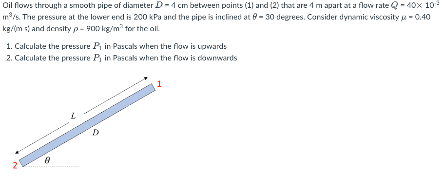 Oil Flows Through A Smooth Pipe Of Diameter D 4 Cm Between Points 1 And 2 That Are 4 M Apart At A Flow Rate Q 40 1