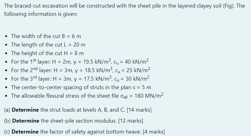 The Braced Cut Excavation Will Be Constructed With The Sheet Pile In The Layered Clayey Soil Fig The Following Inform 1