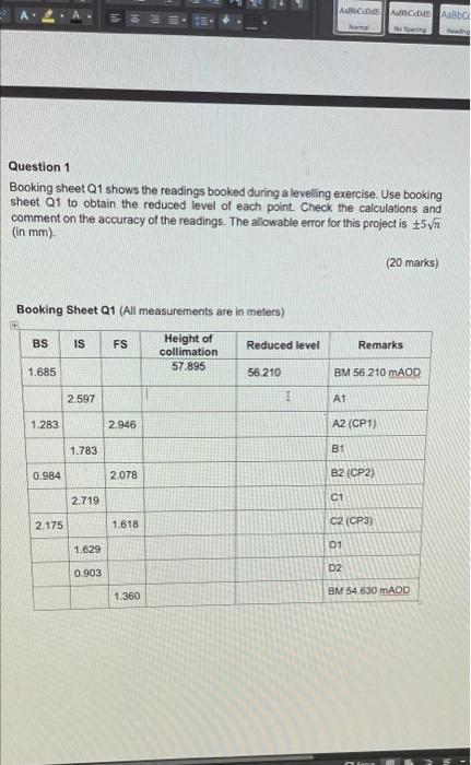 Acadabbc Ng Question 1 Booking Sheet Q1 Shows The Readings Booked During A Levelling Exercise Use Booking Sheet Q1 To O 1