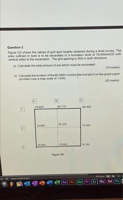 Question 2 Figure Q2 Shows The Values Of Grid Spot Heights Obtained During A Level Survey The Area Outlined In Bold Is 1