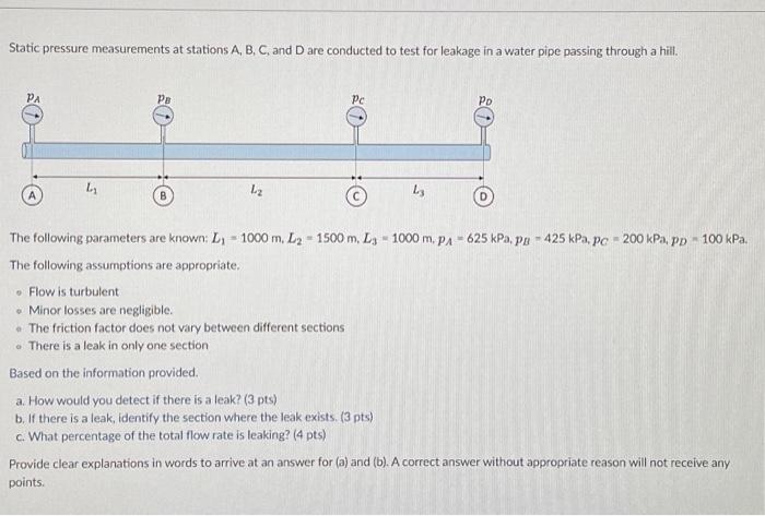 Static Pressure Measurements At Stations A B C And D Are Conducted To Test For Leakage In A Water Pipe Passing Throug 1
