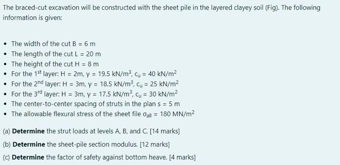 The Braced Cut Excavation Will Be Constructed With The Sheet Pile In The Layered Clayey Soil Fig The Following Inform 1