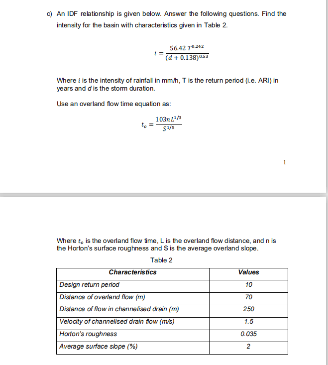 C An Idf Relationship Is Given Below Answer The Following Questions Find The Intensity For The Basin With Characteris 1
