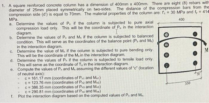 1 A Square Reinforced Concrete Column Has A Dimension Of 400mm X 400mm There Are Eight 8 Rebars With Diameter Of 25m 1