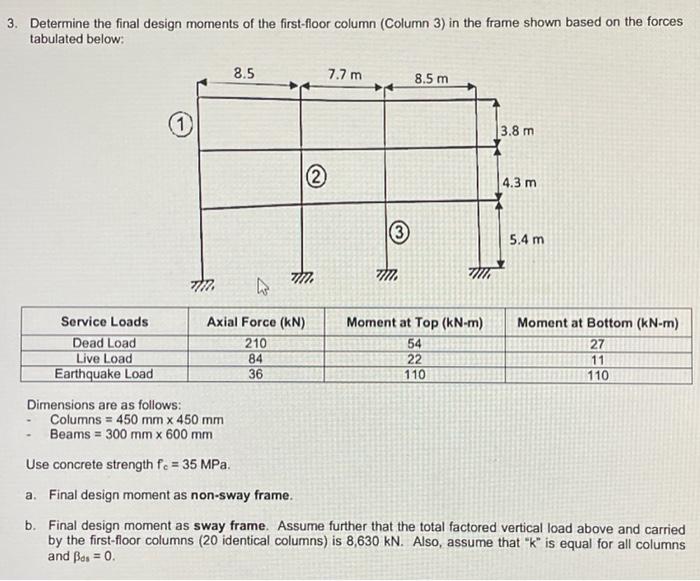 3 Determine The Final Design Moments Of The First Floor Column Column 3 In The Frame Shown Based On The Forces Tabula 1
