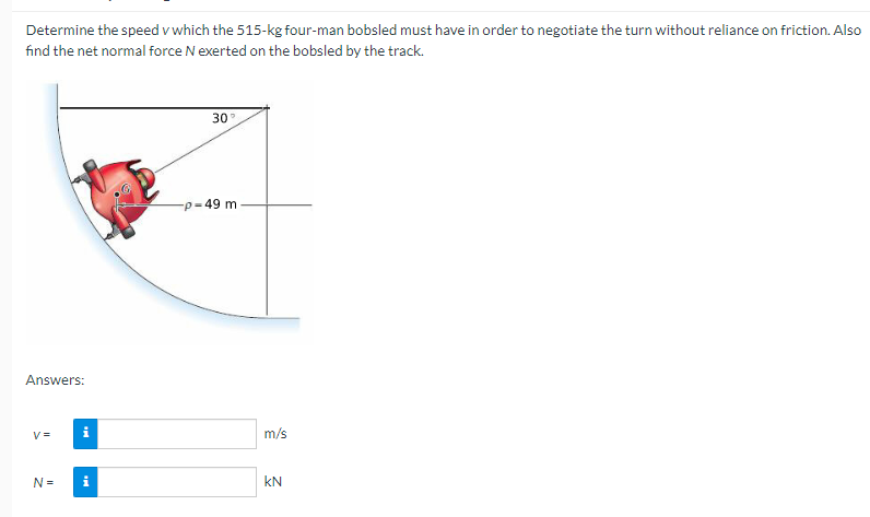 Determine The Speed V Which The 515 Kg Four Man Bobsled Must Have In Order To Negotiate The Turn Without Reliance On Fri 1