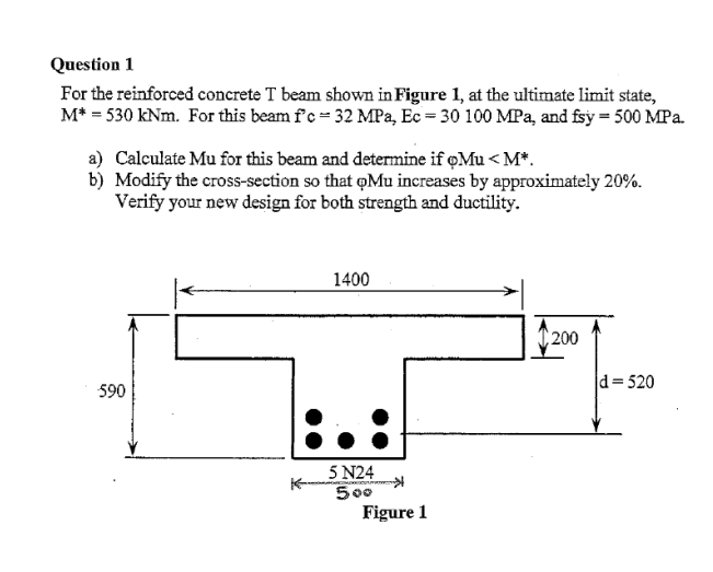 Question 1 For The Reinforced Concrete T Beam Shown In Figure 1 At The Ultimate Limit State M 530 Knm For This Bea 1