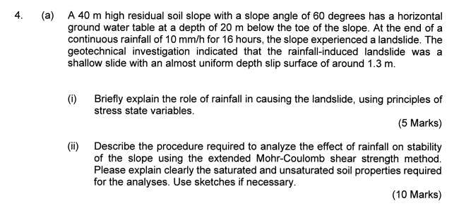 4 A A 40 M High Residual Soil Slope With A Slope Angle Of 60 Degrees Has A Horizontal Ground Water Table At A Depth O 1