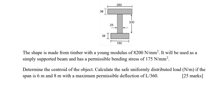 250 38 300 25 38 150 The Shape Is Made From Timber With A Young Modulus Of 8200 N Mm It Will Be Used As A Simply Suppo 1