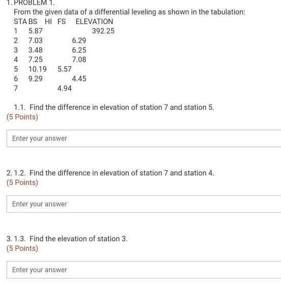 Problem 1 From The Given Data Of A Differential Leveling As Shown In The Tabulation Stabs Hi Es Elevation 1 5 87 392 2 1
