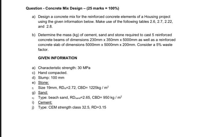 Question Concrete Mix Design 25 Marks 100 A Design A Concrete Mix For The Reinforced Concrete Elements Of A Ho 1