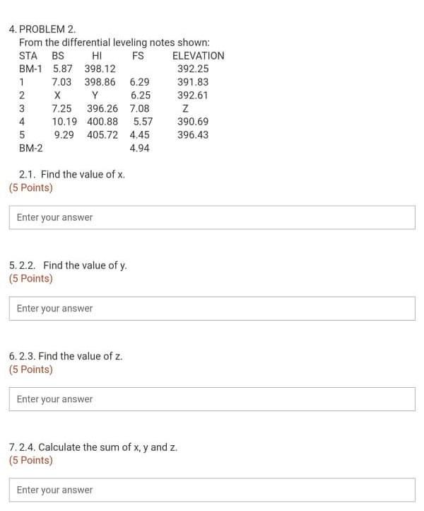 4 Problem 2 From The Differential Leveling Notes Shown Sta Bs Hi Fs Elevation Bm 1 5 87 398 12 392 25 1 7 03 398 86 6 1
