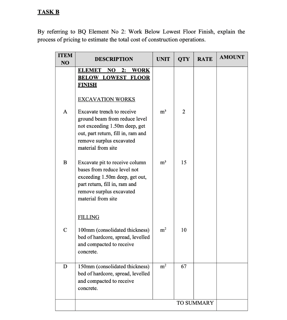 Taskb By Referring To Bq Element No 2 Work Below Lowest Floor Finish Explain The Process Of Pricing To Estimate The To 1
