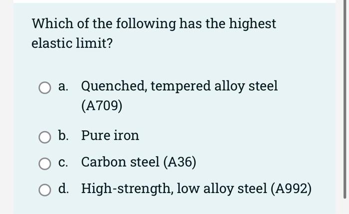 Which Of The Following Has The Highest Elastic Limit A Quenched Tempered Alloy Steel A709 B Pure Iron C Carbon St 1