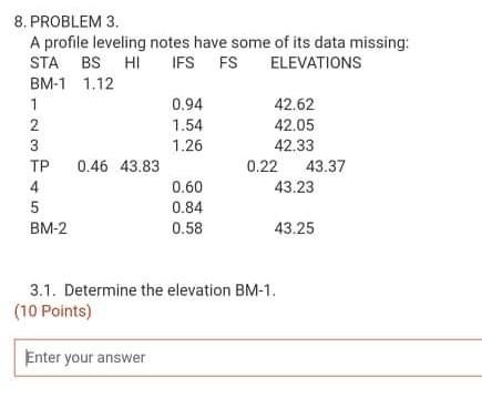 8 Problem 3 A Profile Leveling Notes Have Some Of Its Data Missing Sta Bs Hi Ifs Fs Elevations Bm 1 1 12 1 0 94 42 62 1