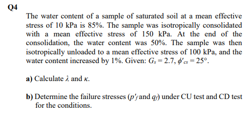 The Water Content Of A Sample Of Saturated Soil At A Mean Effective Stress Of 10 Kpa Is 85 The Sample Was Isotropicall 1
