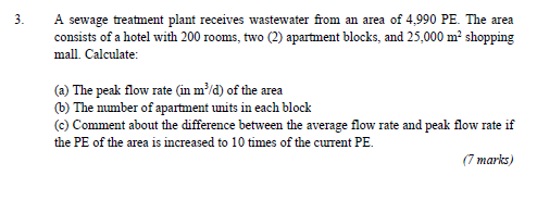 3 A Sewage Treatment Plant Receives Wastewater From An Area Of 4 990 Pe The Area Consists Of A Hotel With 200 Rooms T 1