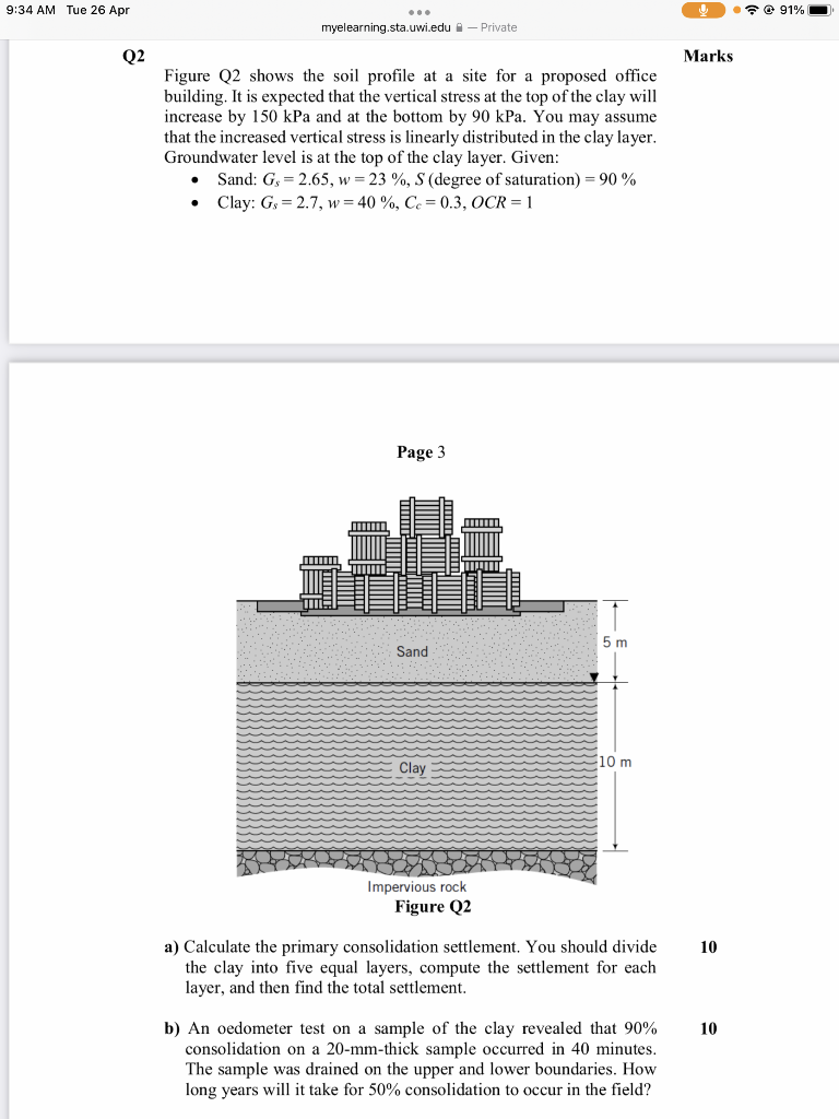 9 34 Am Tue 26 Apr 91 Myelearning Sta Uwi Edu Private Q2 Marks Figure Q2 Shows The Soil Profile At A Site For A Pro 1