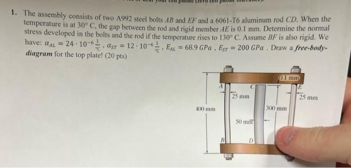 1 The Assembly Consists Of Two A992 Steel Bolts Ab And Ef And A 6061 T6 Aluminum Rod Cd When The Temperature Is At 30 1