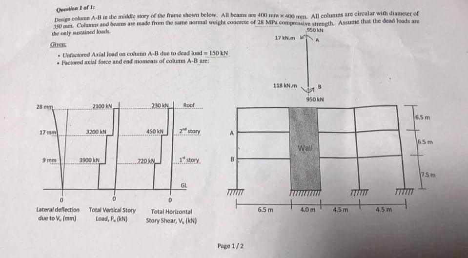 Ouestion Or 950 Kn Design Coluenn A B In The Middle Story Of The Frame Shown Below All Beams Are 400 Mm X 400 Mm All C 1