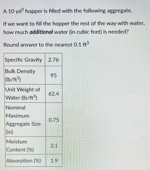 A 10 Yd Hopper Is Filled With The Following Aggregate If We Want To Fill The Hopper The Rest Of The Way With Water How 1